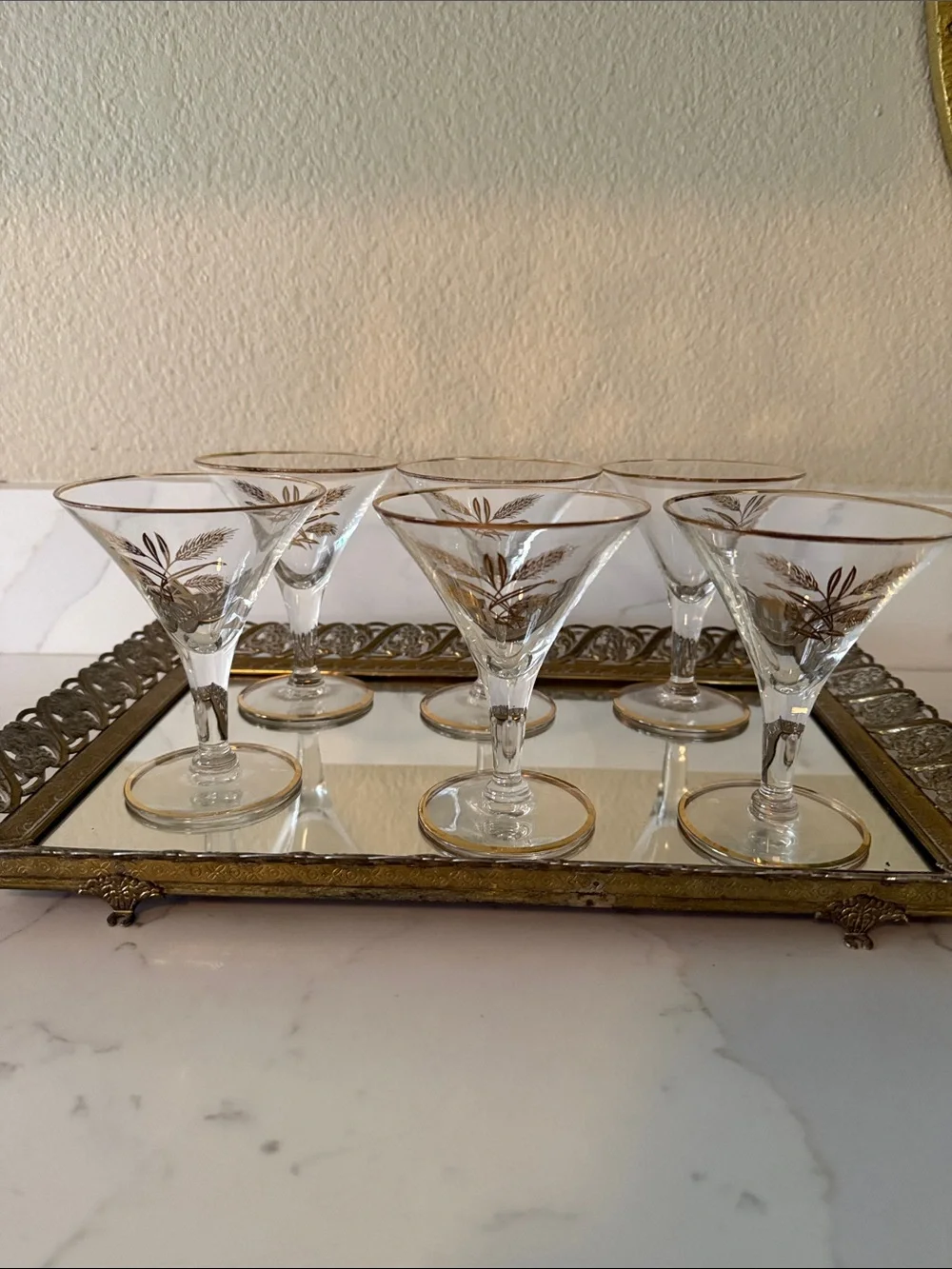 Mid Century Gold-Trimmed Wheat Cocktail Glasses Set of 6